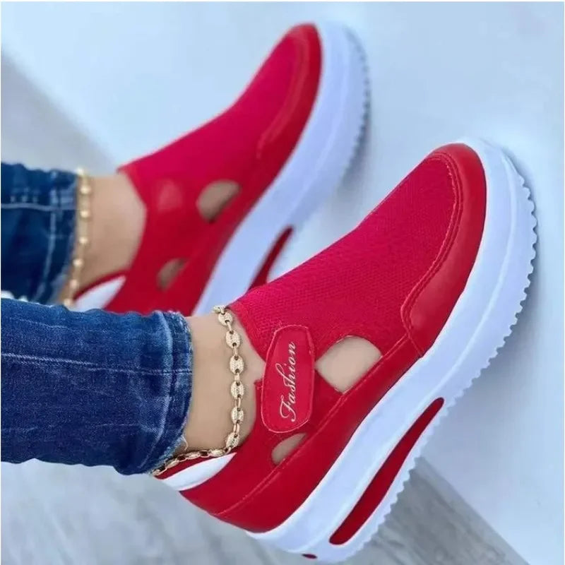 Large  summer  breathable women's casual shoes with thick sole  sloping heel hollowed out low cut women'sshoes