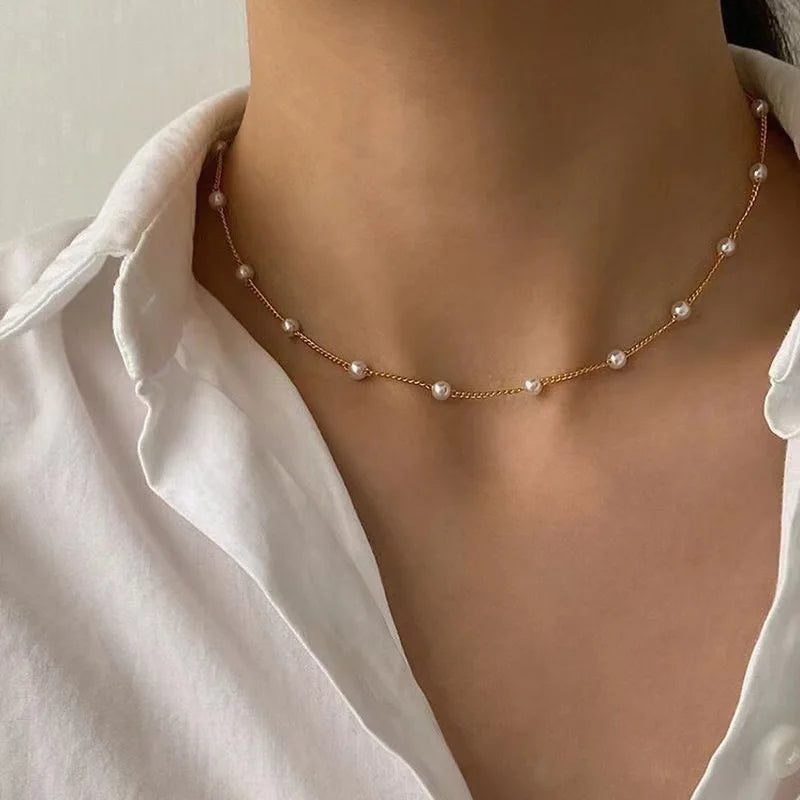 New Beads Women's Neck Chain Kpop Pearl Choker Necklace Gold Color Goth Chocker Jewelry On The Neck Pendant 2022 Collar For Girl