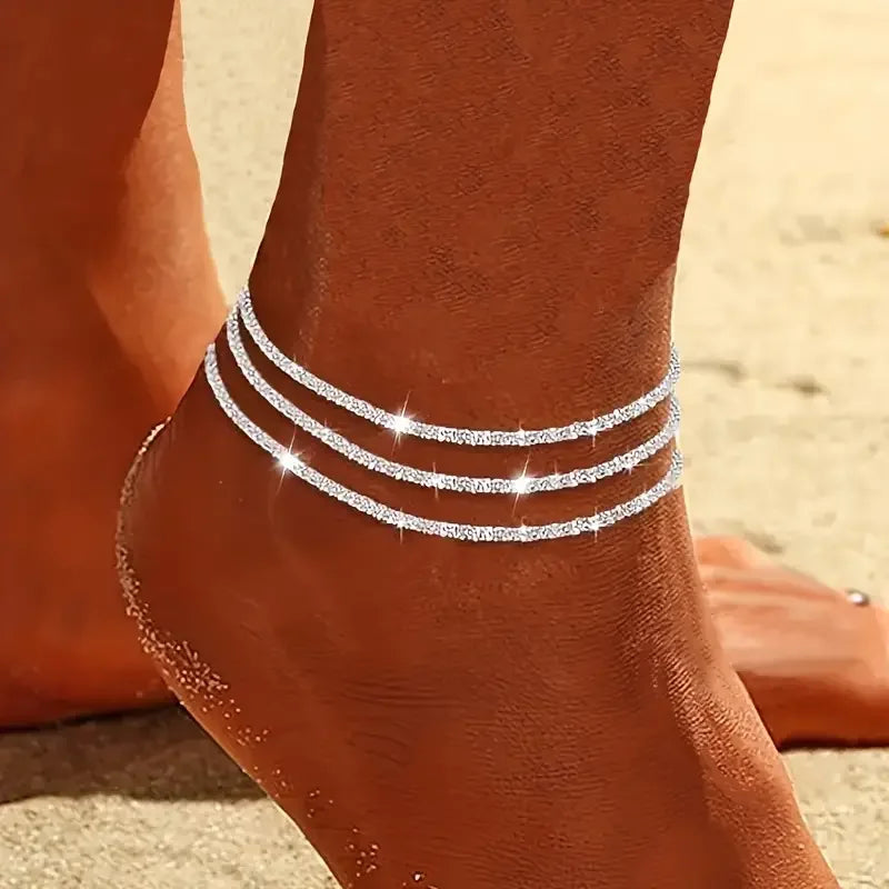 3 Pcs Sparkling Chain Anklet Sets for Women Zircon Heart MultiLayer Copper Bracelet On Leg Foot