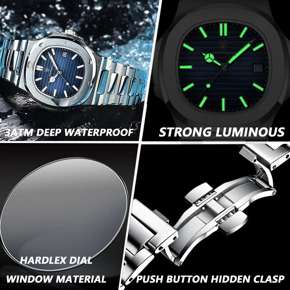 2025 New POEDAGAR Luxury Watch Business Waterproof Male Clock Luminous Date Stainless Steel Square Quartz Men Watch reloj hombre