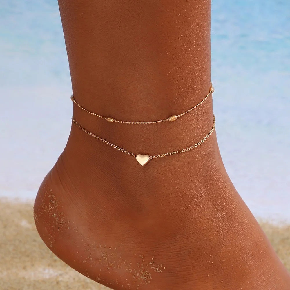 3 Pcs Sparkling Chain Anklet Sets for Women Zircon Heart MultiLayer Copper Bracelet On Leg Foot