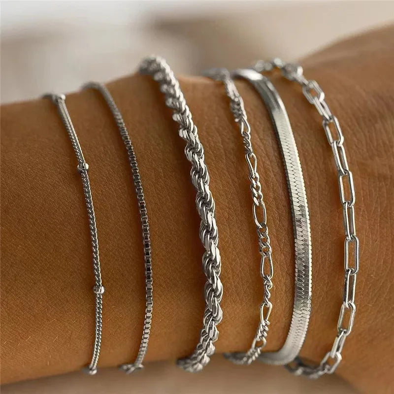 6Pcs Gold Color Multilayer Bracelet Set Boho Retro Thick Twist Cuban Chain Bracelet for Women 2025 Trendy Quality Jewelry Gifts